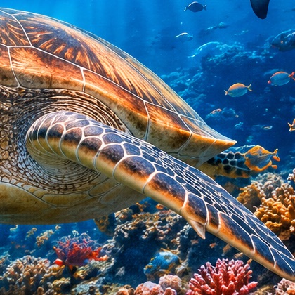 A sea turtle over a coral reef with restored warm colors.